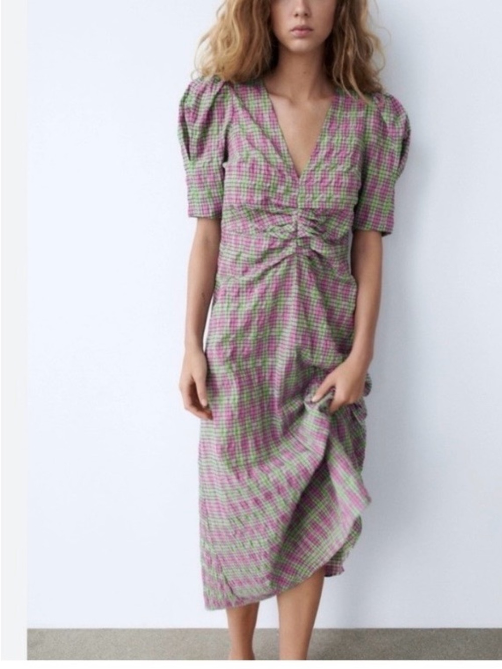 Zara Seersucker midi plaid dress